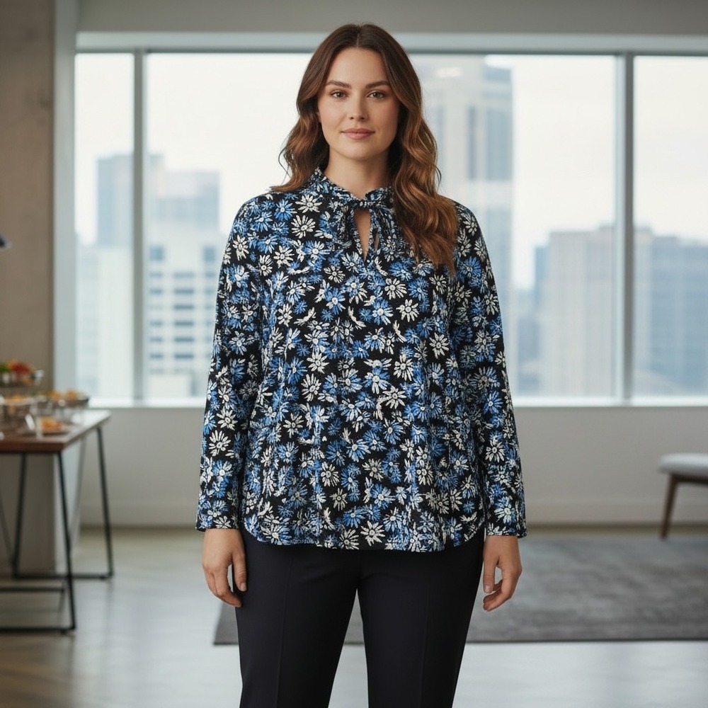 Adrienne Vittadini NWT Floral Keyhole Blouse Blue Daisy Long Sleeve Office 3X